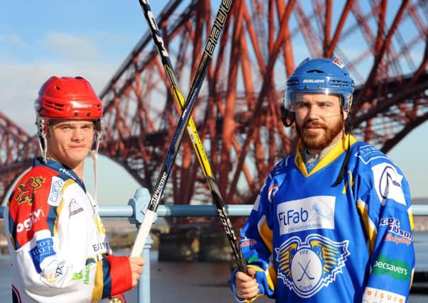 Edinburgh Capitals' Garret Milan and Fife Flyers' Carlo Finucci with Forth Bridge in background (Pic: Fife Photo Agency)