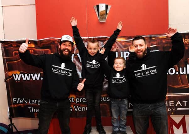 The Kings Beards -Dave Clark and Stephen Barbour - with competition winners, brothers Joseph (7) and Kaleb Barr (5) (Pic by Fife Photo Agency)