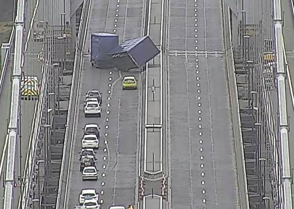 The lorry overturned on the Forth Road Bridge (Pic by Traffic Scotland)