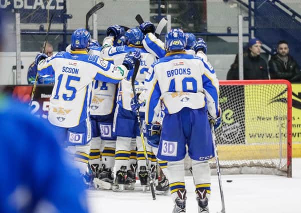 Fife Flyers celebrate their weekend win in Coventry. Pic: Scott Wiggins