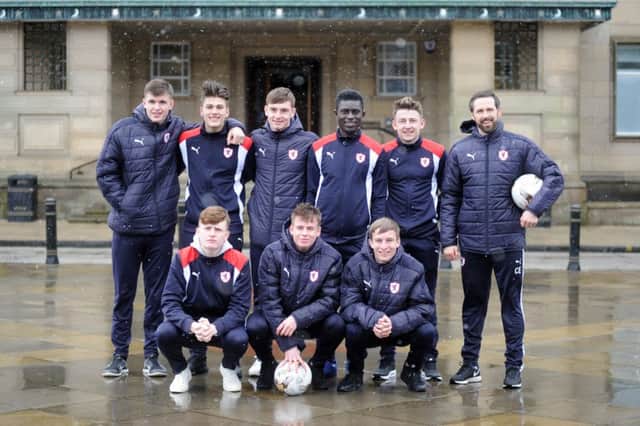 Raith Rovers' Development Squad launch the club's keepie-uppie challenge at Kirkcaldy Town Square, with head coach Craig Easton (All pics by George McLuskie)