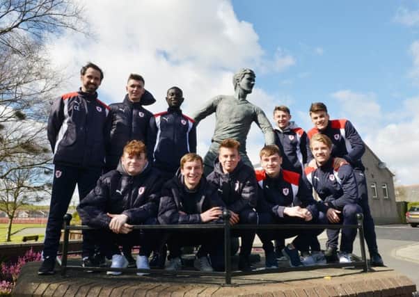Raith Rovers Development Squad with head coach Craig Easton at the Jim Baxter statue at Hill of Beath (Pic by George McLuskie)