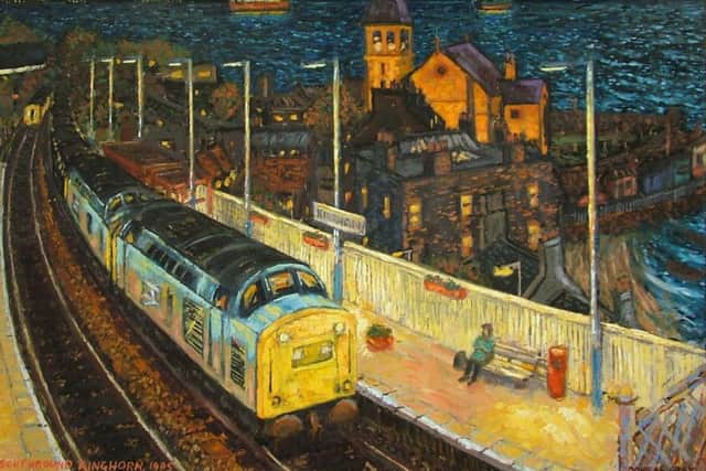 Painting of a train at Kinghorn Station