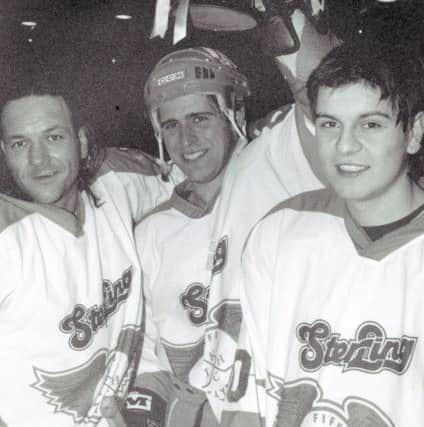 Fife Flyers celebrate trophy success circa 1997. Bill Moody with the cup, flanked by Mark Slater and Daryl Venters (Pic: Peter Jones)