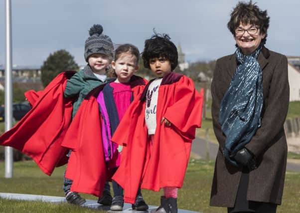 Youngsters from the new University of St Andrews nursery with Principal Professor Sally Mapstone. (Picture: Alan Richardson.)