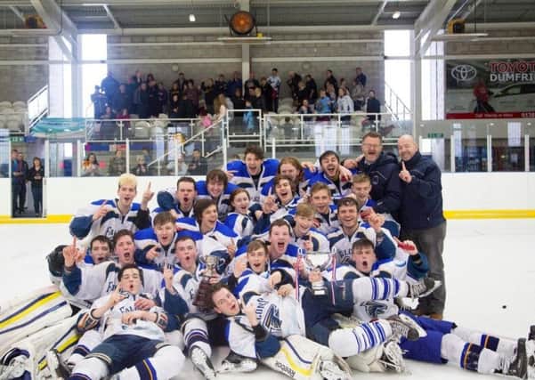 The victorious Fife Falcons with the U20 Play-off trophy. Pic: Mark Paterson