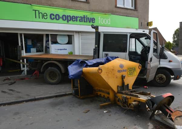 A truck lies abandonded after an attempted ram-raid at the Co-op in Thornton (Pics by George McLuskie)