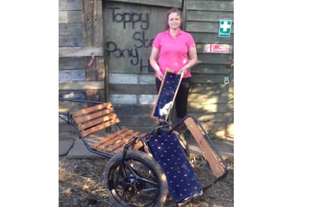Kirsty Tudor of Toppy Star Pony Hire with a cart which was broken by vandals at the Fife Show