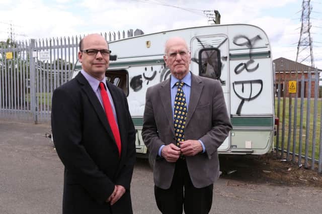NEW LABOUR COUNCILLOR DEREK NOBLE WITH SNP COUNCILLOR ROSS VETTRIANO AT FLY TIPPING SITE NORTH OF THORNTON