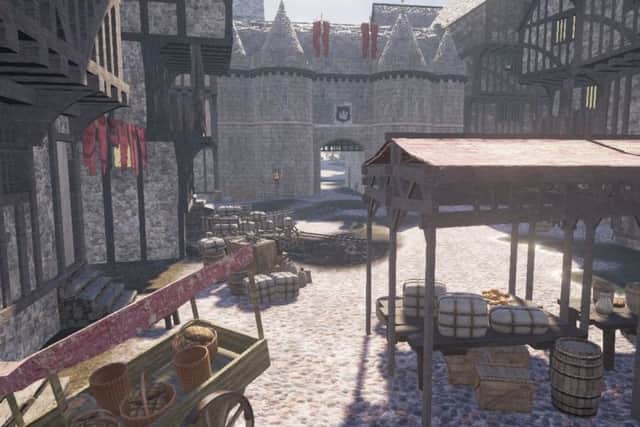 A view of reconstructions of  long-lost landmarks such as the Nether Bow Market.