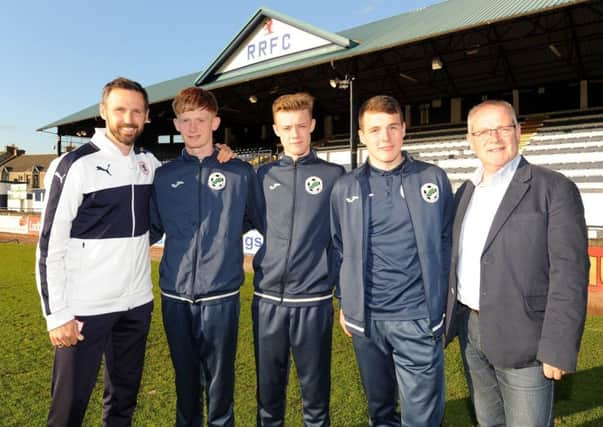 Raith Rovers Development new signings (from left) coach Craig Easton , Jack Smith, Kieran Dall,  Euan Valentine, and club director Tom Phillips. Pic: Fife Photo Agency