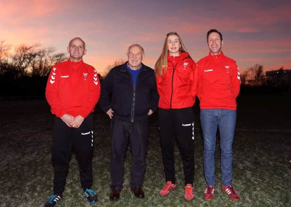 YM manager Kenny Crawford, chairman Ramsay Budd, assistant manager Charlene Lessells and coach Billy Blyth. Pic: Fife Photo Agency