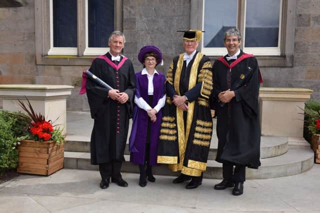 Michael Palin, left, with Principal Professor Sally Mapstone, Chancellor Sir Menzies Campbell, and David Nott OBE, who received an Honorary Degree of Doctor of Medicine. (Picture: University of St Andrews)