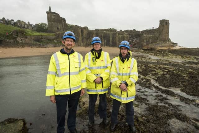 David Stutchfield, Sustainability Manager, Estates, Dr Cameron Rae, Technical Manager at the Photonics Innovation Centre and Duncan Brannen, IT Systems Team Leader at Castle sands.   (Pic Alan Richardson)