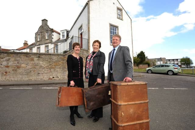 Kaye Bachelard, great, great, great, grand-niece of John McDouall Stuart at the explorer's former home, with Christine May and David Torrance MSP . Pic by FPA