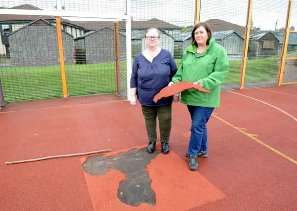 Community councillors Angela High and Joanna Jenkins assess the damage caused by vandals. (Pic George McLuskie).