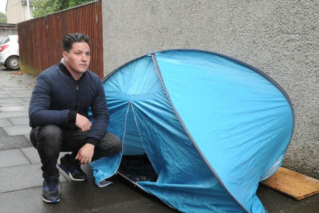 Son Thomas at his tent where he sleeps through the night  (Pic: George McLuskie)