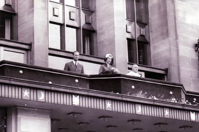 Prince Phillip and The Queen with Provost Gourlay on the Town House balcony in 1958