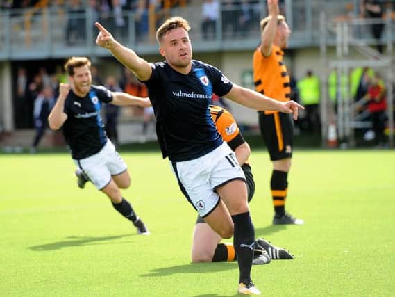 Lewis Vaughan celebrates after firing home Raith's last minute equaliser at Alloa. Pic: Fife Photo Agency