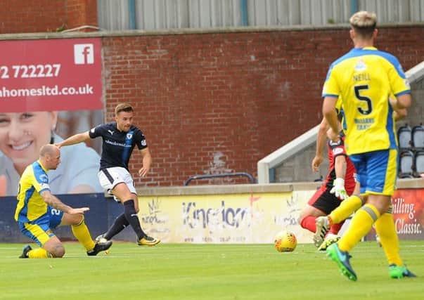 Lewis Vaughan scores Raith Rovers' first goal against Stranraer at Stark's Park (picture by Fife Photo Agency)
