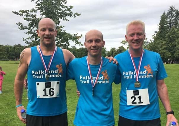 FTR trio who finished top three in the Auchterarder Half Marathon L to R Mike Murdoch, Bryan Innes and Kevin Murray.