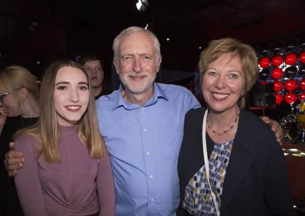 Jeremy Corbyn, accompanied by MP Lesley Laird (right) and local campaigner Kasha Cepok (17) at Kitty's nightclub in Kirkcaldy. Pic: David Cruikshank