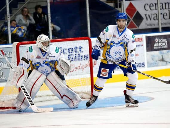 Netminder Andy Iles and defenceman Ian Young were the stand-outs in Flyers 3-1 win over Herlev Eagles. Pic: Steve Gunn