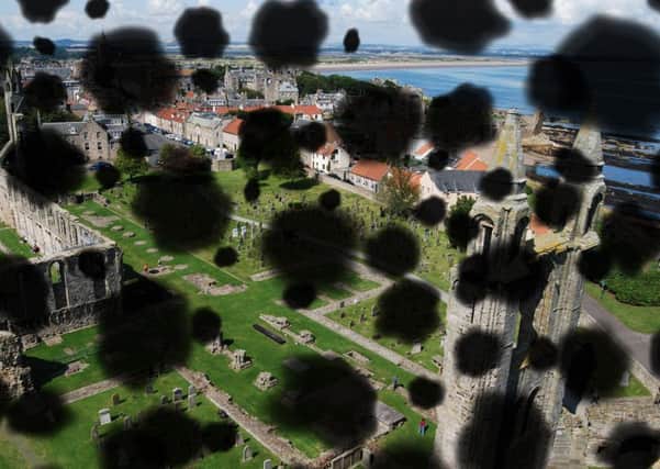 A view over the ruins of St. Andrews Cathedral obscured by the effects of retinopathy.