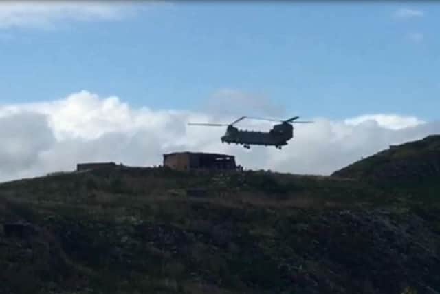 A Chinook lands on Inchkeith