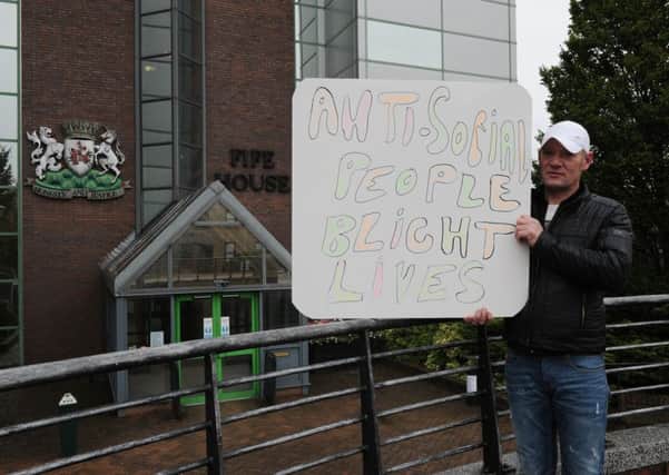St Monans resident Kevin Duncan protests outside Fife House (Pic by George McLuskie)