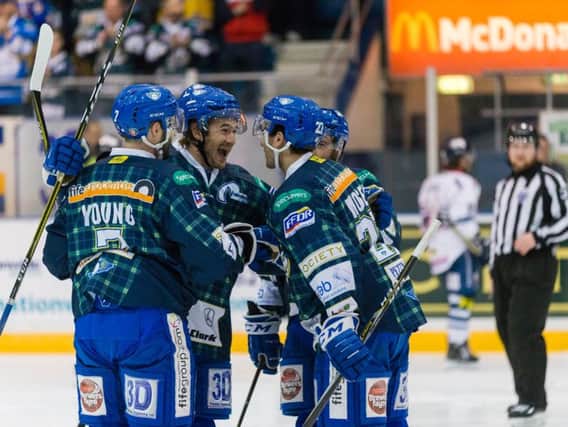 Flyers celebrate a Chase Schaber goal against Dundee. Pic: Fife Flyers