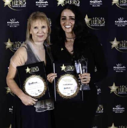 Claire with Bernadette Brown who owns Cadham Pharmacy. She was the sponsor for the volunteer of the year category at the Kingdom FM awards.