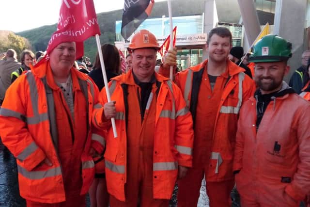 BiFab workers, including William Duke, outside the Scottish Parliament following the rally.