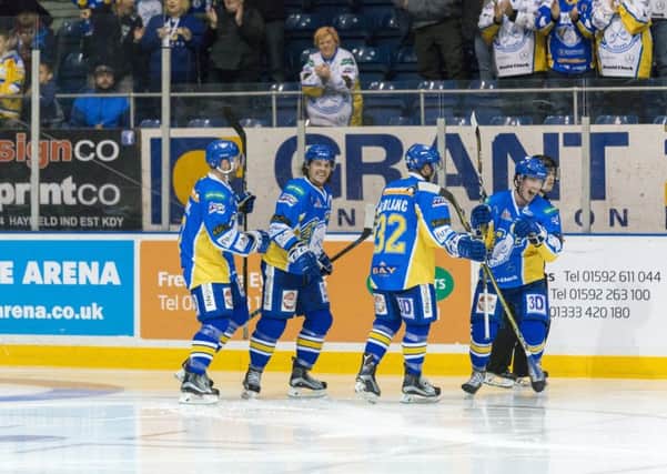 Fife Flyers celebrate a goal at Fife Ice Arena. Pic: Martin Watterston