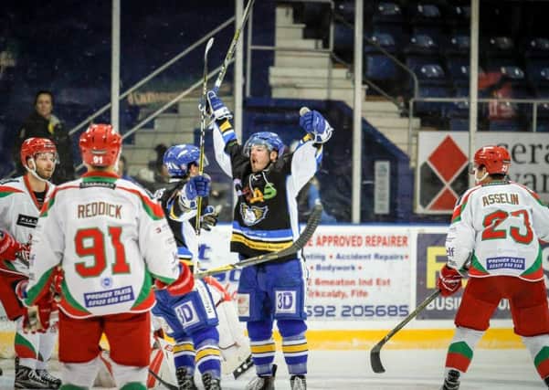 Peter LeBlanc celebrates after scoring Fife Flyers 1000th EIHL goal in the 4-3 defeat to Cardiff Devils on Saturday, November 25, 2017. Pic: Jillian McFarlane (Fife Flyers).