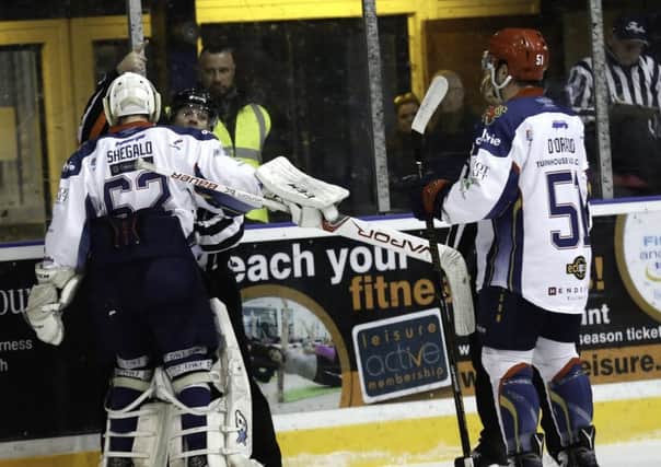 Edinburgh Capitals netminder Pavel Shegalo in debate with the match officials in a 6-2 defeat at the hands of Fife Flyers (Pic: Steve Gunn)