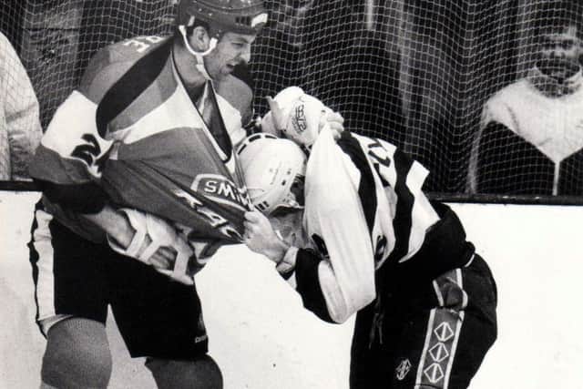 Mike Ware (Murrayfield Racers) fighting Rob Abel (Fife Flyers) 1993-94  (Pic: Bill Dickman, Fife Free Press)