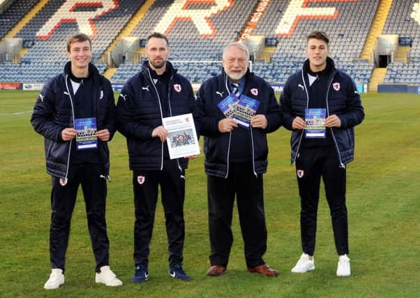 Raith Rovers' Players Development Fund relaunch - head of youth Craig Easton with Raith director Bill Clark and U20 players James Berry and Rory Brian -  credit - Fife Photo Agency