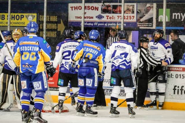 Matt Nickerson of MK Lightning (on plexi) after the incident which led to a two-game ban (Pic: Jillian McFarlane)