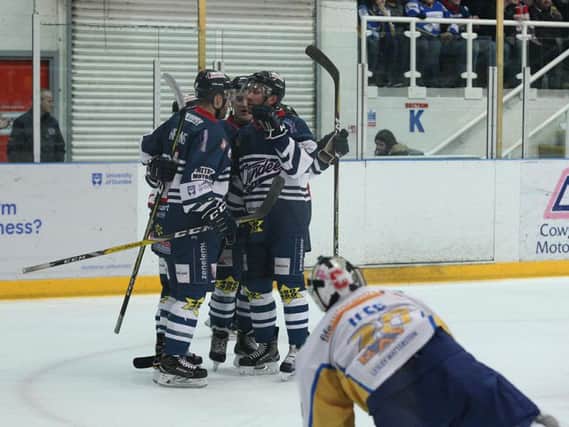 Dundee Stars players celebrate a goal in the 4-2 win over Fife Flyers. Pic: Derek Black