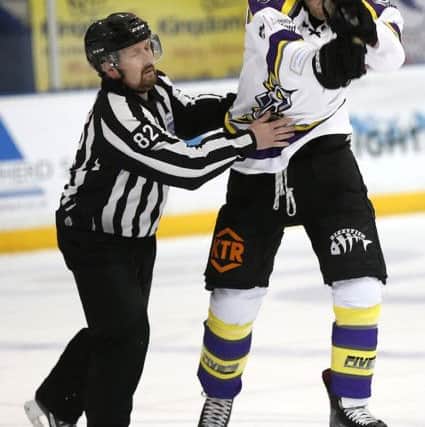 Fife Flyers v  Manchester Storm - Jay Rosehill smashes his stick on the ice after being thrown out  (Pic: Steve Gunn)