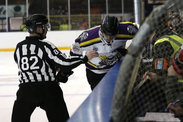 Fife Flyers v  Manchester Storm - Jay Rosehill punches the boards as he leaves the ice pad  (Pic: Steve Gunn)