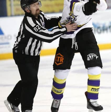 Fife Flyers v  Manchester Storm - Jay Rosehill smashes his stick on the ice after being thrown out  (Pic: Steve Gunn)