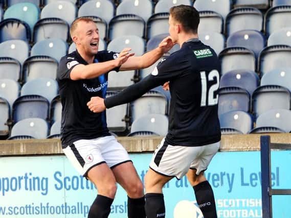 Greig Spence celebrates the opening goal with Ross Matthews. Pic: Walter Neilson, Fife Photo Agency