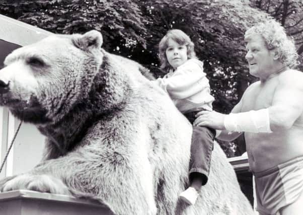 Andy Robins and Hercules the Bear visit Letham Glen, Leven, early 1990s