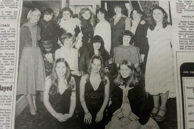 Kirkcaldy 1978: The 14 finalists in the Charm Girls competition run to mark the launch of the new ABC multiplex cinema in Kirkcaldy. Front row: Julie Hanson, Davina Reid, Joan Dolon. Middle: Margaret Bloomfield, Vicky Sharp, Yvonne Whitehill. Back: Lynne Crooks, Wendy Rodger, Doreen Henderson, Jill Hughes, Roz Sibbald, Shelley Doig, Fiona Chalmers and Gwen Watts
