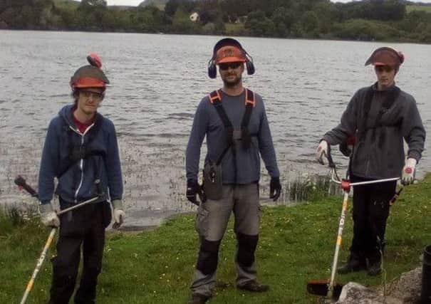 Ben Kirkbride, Robert Paterson (Site Manager) and Jordan McKinney doing their strimmer training at the Ecology Centre.