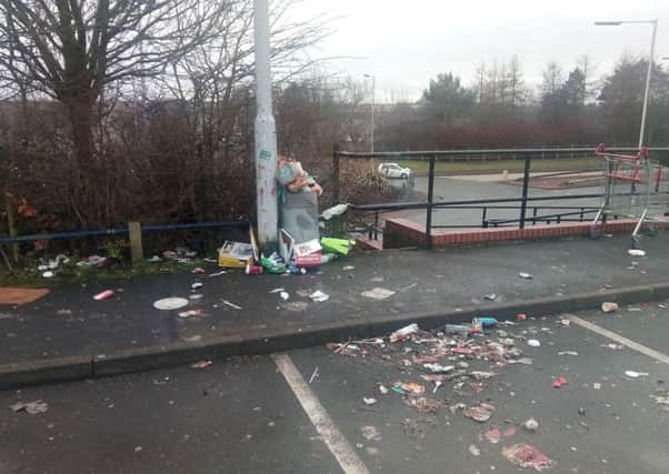 The mess at Kirkcaldy retail park - litter and rubbish everywhere.