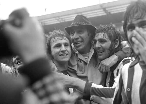 Ian Porterfield and manager Bob Stokoe on the pitch at Wembley after winning the 1973 FA Cup final (Pic: Sunderland Echo)