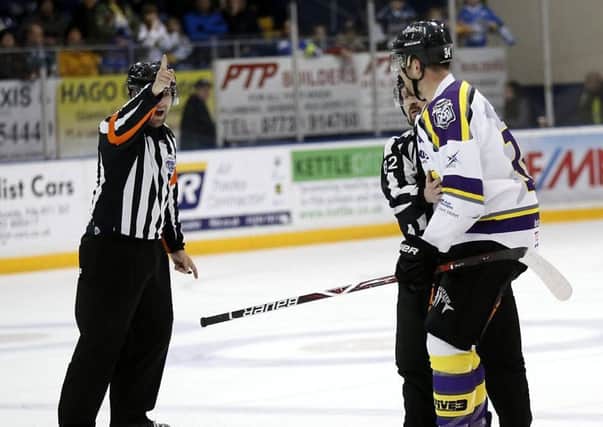 Jay Rosehill of Manchester storm is thrown out of a game in Fife and leaves with a verbal volley at the refs   (Pic: Steve Gunn)
